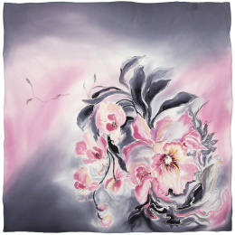 AM-061 Hand-painted Silk Scarf Flowers, 90x90 cm