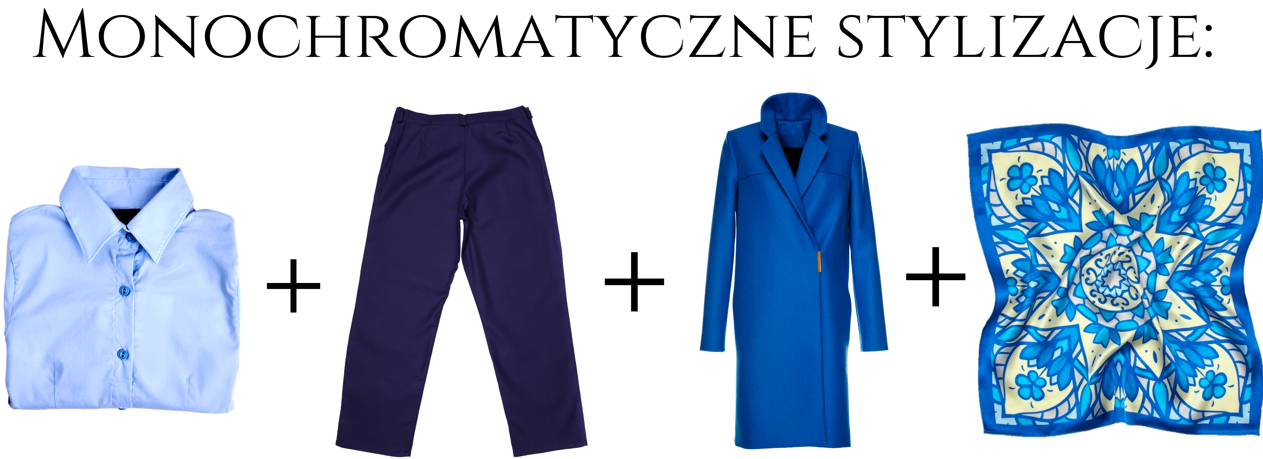 Zdjęcie przedstawia monochromatyczną stylizację z niebieską apaszką ze wzorem