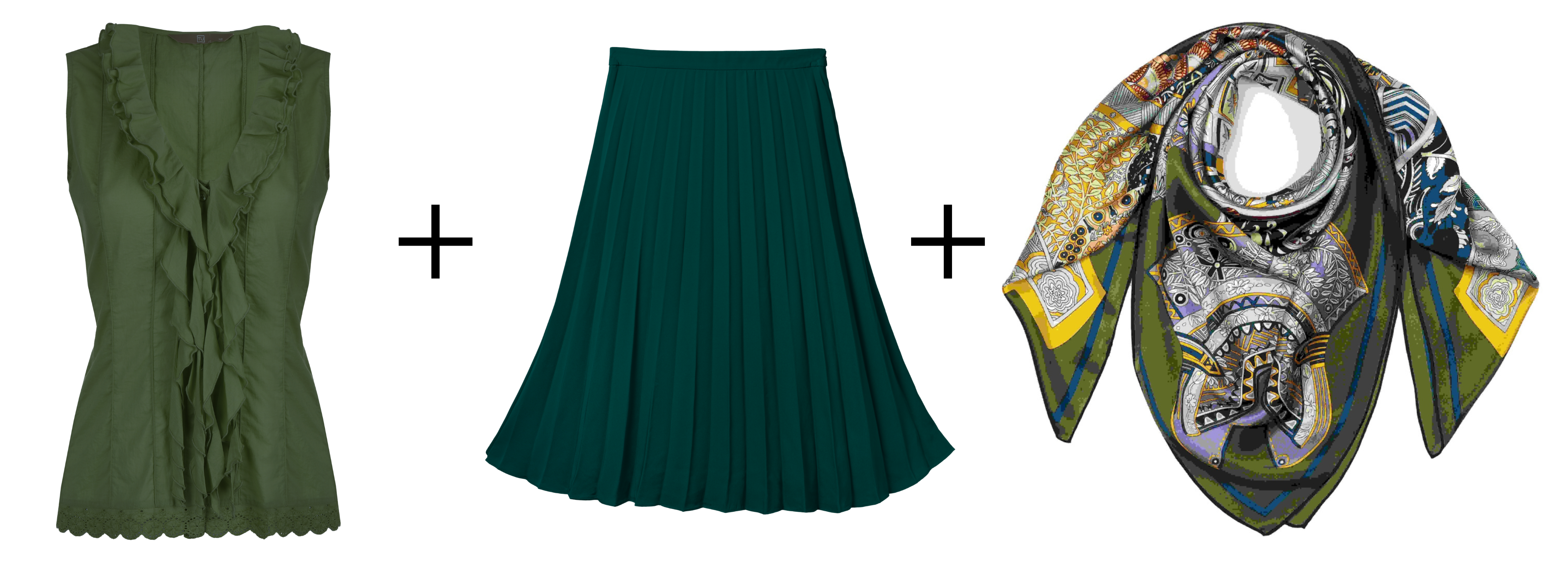 Zdjęcie przedstawia monochromatyczną stylizację z zieloną apaszką ze wzorem