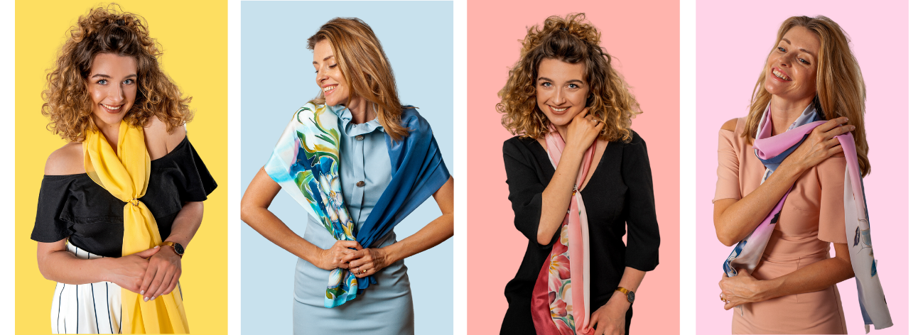 Obrazek przedstawia zdjęcia modelek w kolorowych szalach.
