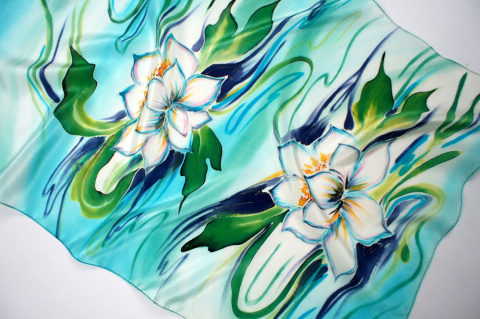 SZ-097 Blue-green silk long scarf hand-painted, 170x45 cm