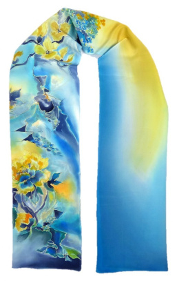 SZ-214 Blue-yellow silk scarf hand-painted, 170x45 cm