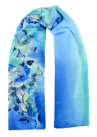 SZ-224 Blue-green silk long scarf hand-painted, 170x45 cm