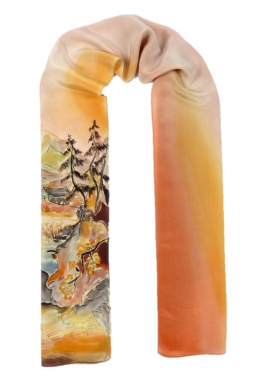 Small Orange-brown Hand-Painted Silk Scarf, 135x30cm
