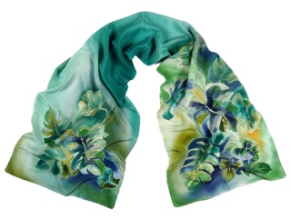 SZ-279 Zielony Jedwabny Szal Ręcznie Malowany, 170x45 cm