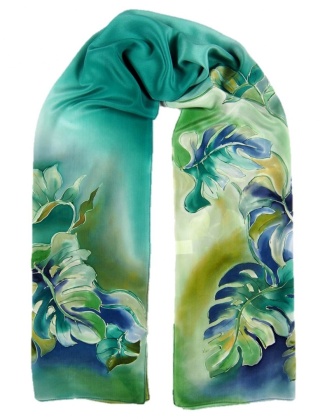 SZ-279 Zielony Jedwabny Szal Ręcznie Malowany, 170x45 cm