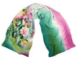 SZ-302 Pink and green silk scarf hand-painted, 170x45 cm