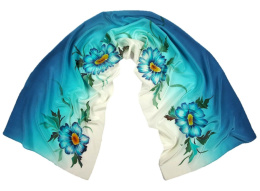 SZ-307 Turquoise and white Hand Painted Silk Scarf, 170x45 cm
