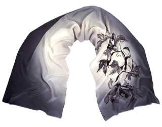 SZ-315 Szaro-biały Jedwabny Szal Ręcznie Malowany, 170x45 cm