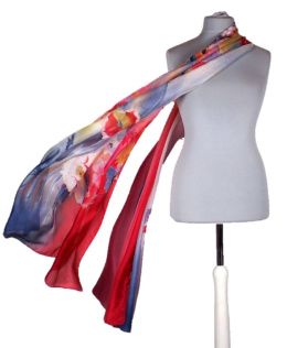 SZM-033 Large Red and navy blue hand-painted silk scarf, 250x90 cm