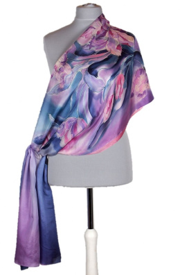 SZM-038 Large Navy Blue and Pink Hand Painted Silk Scarf, 250x90cm