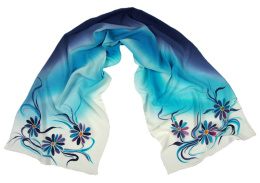 SZ-069 Blue-turquoise Hand Painted Silk Scarf, 170x45 cm