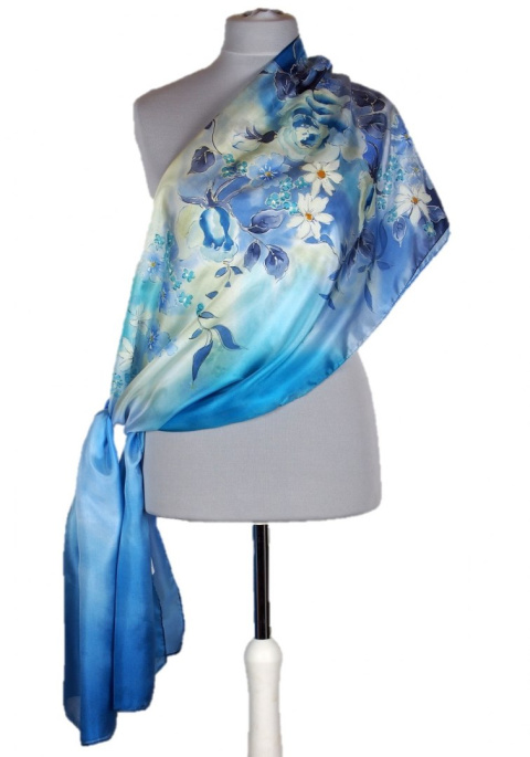 Large Blue Hand-Painted Silk Scarf, 250x90cm (1)