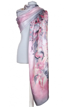 SZM-069 Pink-Grey Hand-Painted Silk Scarf, 250x90cm