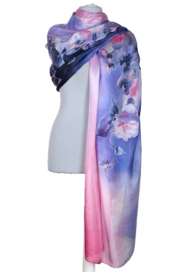 SZM-073 Large Navy Blue and Pink Hand-Painted Silk Scarf, 250x90cm