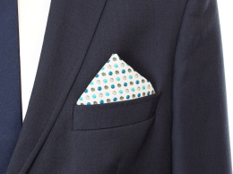 PJ-162 White silk pocket square with blue and black dots