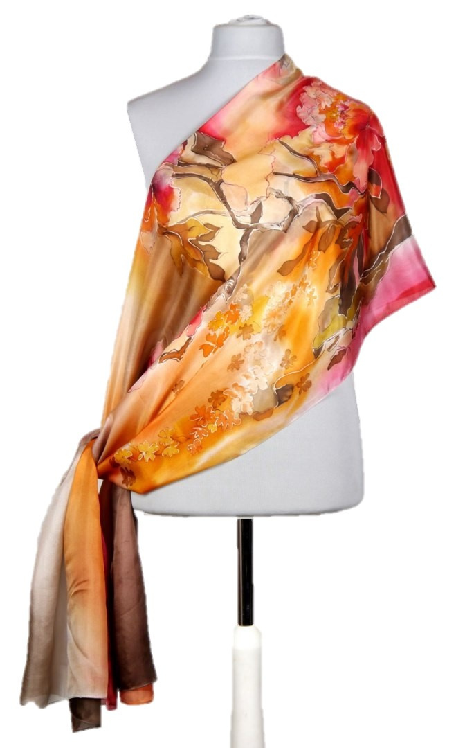 SZM-019 Large Brown Hand-painted Silk Scarf, 250x90 cm