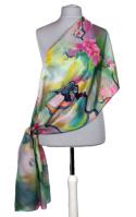 SZM-021 Large Green and pink Hand-painted silk scarf, 250x90 cm