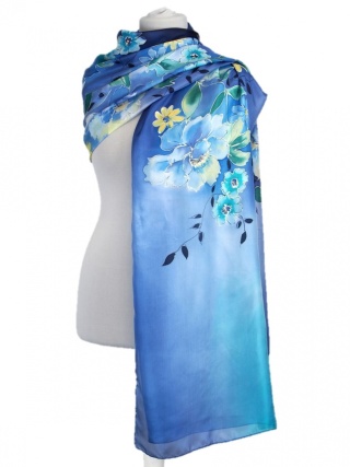 Duży Niebieski Jedwabny Szal Ręcznie Malowany, 250x90cm SZM-078