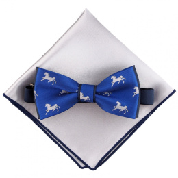 MP-011 Navy Blue Checkered Bowtie in a Set with a Gray Pocket Square