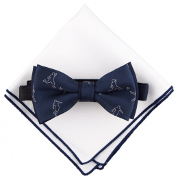 MP-034 Navy Blue Bow Tie in a Set with a White Pocket Square