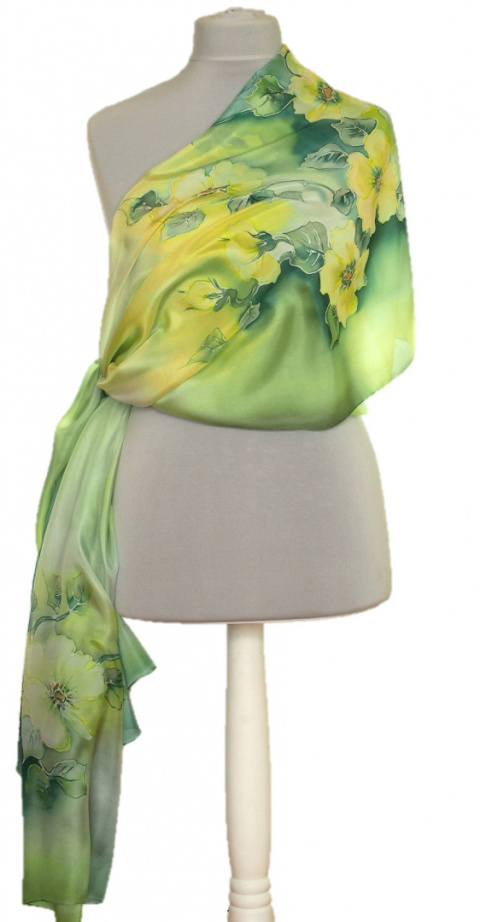 SZM-081 Large Green and Yellow Hand-Painted Silk Scarf, 250x90cm