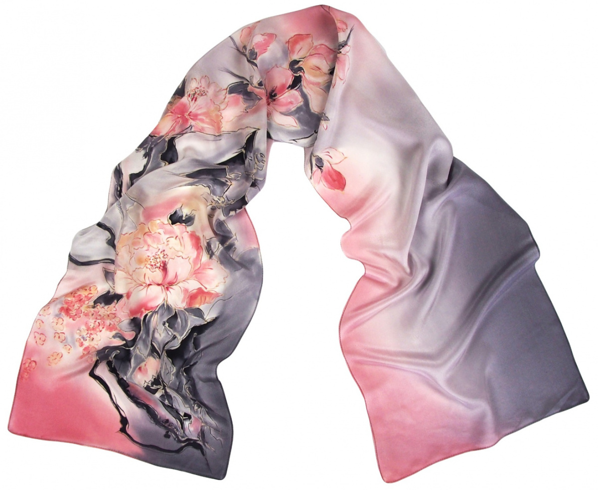 Small Gray-Pink Hand-Painted Silk Scarf, 145x30cm