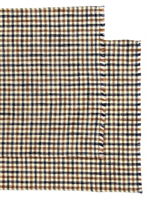 Kremowo Czarny Szal Męski w Kratę z Wełny 2