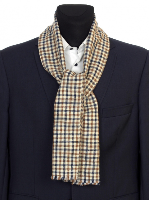 Kremowo Czarny Szal Męski w Kratę z Wełny 3