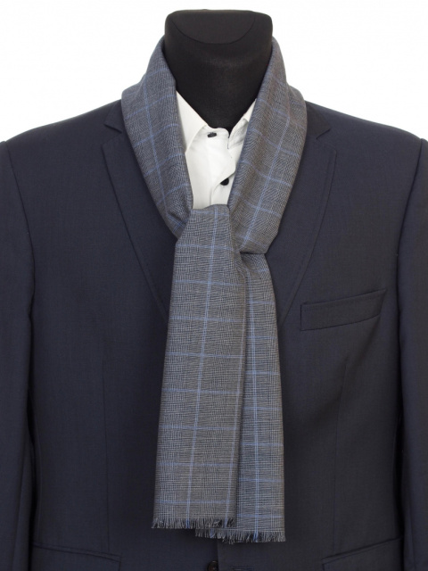 Granatowo Szary Szal Męski w Kratę z Wełny 3