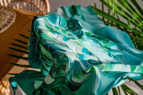 AM-425 Green Hand Painted Silk Scarf, 90x90cm