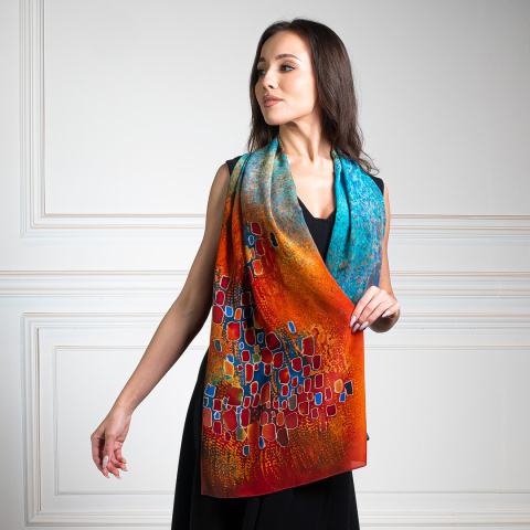 SZ-220 Burgundy-green silk long scarf hand-painted, 170x45 cm