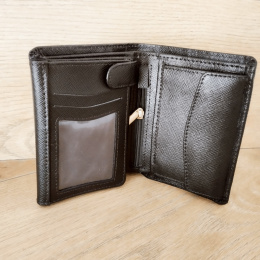 Rozkładany skórzany portfel męski z bursztynem, czarny