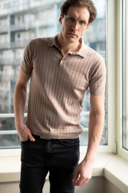 Men's polo shirt, 100% cotton, striped, beige
