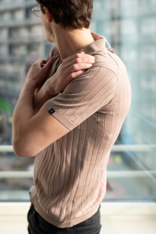 B1 Men's polo shirt, 100% cotton, striped, beige