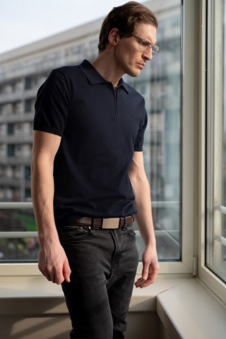 B6 Men's 100% cotton polo shirt with zipper, navy blue