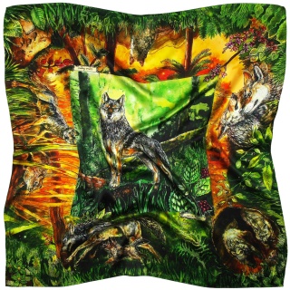 Green silk double-sided scarf with wolves 88x88cm AD-004