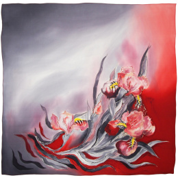 AM-050 Hand-painted silk scarf with flowers, 90x90 cm