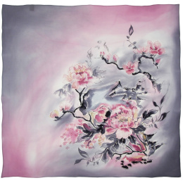 AM-059 Hand-painted Silk Scarf Flowers, 90x90 cm