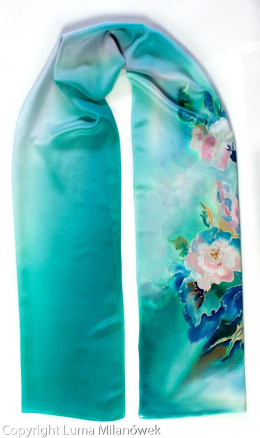 SZ-503 Turquoise-blue Hand Painted Silk Scarf, 170x45 cm