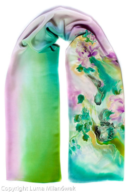 SZ-501 Green-Pink Hand Painted Silk Scarf, 170x45 cm