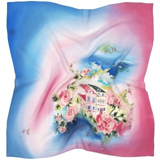 AM7-002 Hand-painted silk scarf Milanów villa, 70x70cm