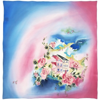 AM7-002 Hand-painted silk scarf Milanów villa, 70x70cm