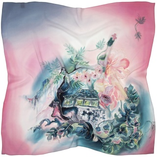 Hand-painted silk scarf Milanów villa, 90x90cm AM-073