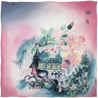Hand-painted silk scarf Milanów villa, 90x90cm AM-073
