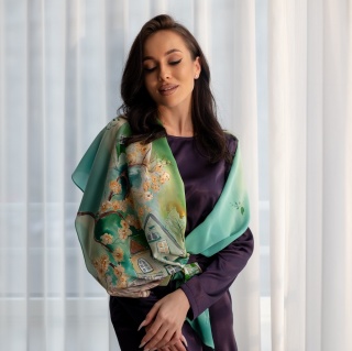 SZ-734 Hand-painted silk scarf, Tenement houses, 165x45 cm