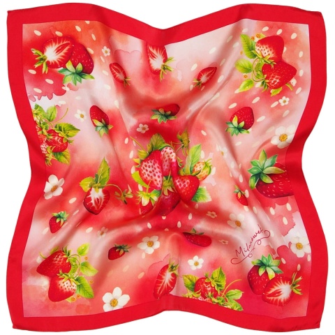 Czerwona jedwabna gawroszka dwustronna z truskawkami z Milanówka 53x53cm AD5-008