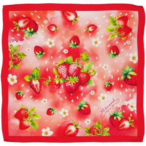 Czerwona jedwabna gawroszka dwustronna z truskawkami z Milanówka 53x53cm AD5-008