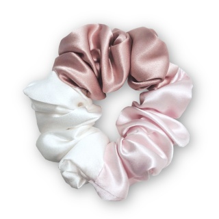 Różowo-biała jedwabna gumka scrunchie do włosów JGS-035
