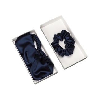 Silk Face Care Set: Headband + Elastic Band, Navy Blue